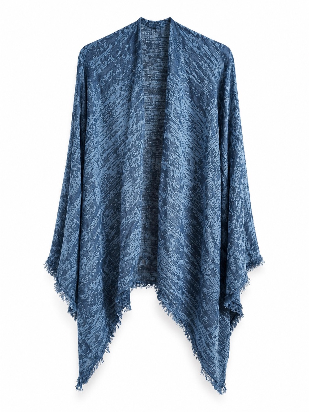 Rofee Blue Patterned Ruana Shawl Wrap Fringe Cotton Blend One Size